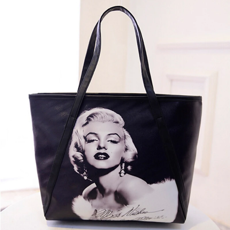 2016 New Fashion Women's Large Capacity Bag 3D Print Marilyn Monroe Shoulder Bag Office Lady Bag Pu Leather Black Shoulder Bag