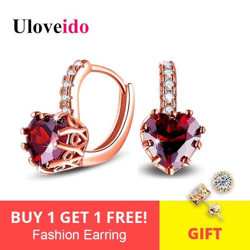 

Uloveido Korean Wedding Earrings for Women Earings with Red Heart Stones Rose Gold Color Stud Earring Bijoux Brincos 2017 HE515