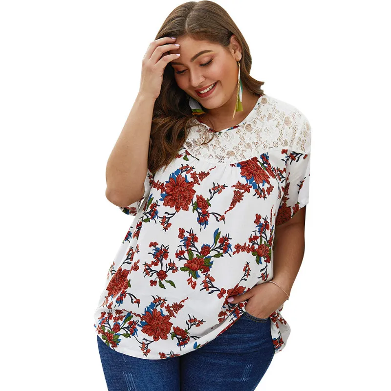 Ovesize Blouse Women Shirts Tops Big Size Floral Print Loose Chiffon Blusas Lce Patchwork Female Shirt Plus Size Mujer A062