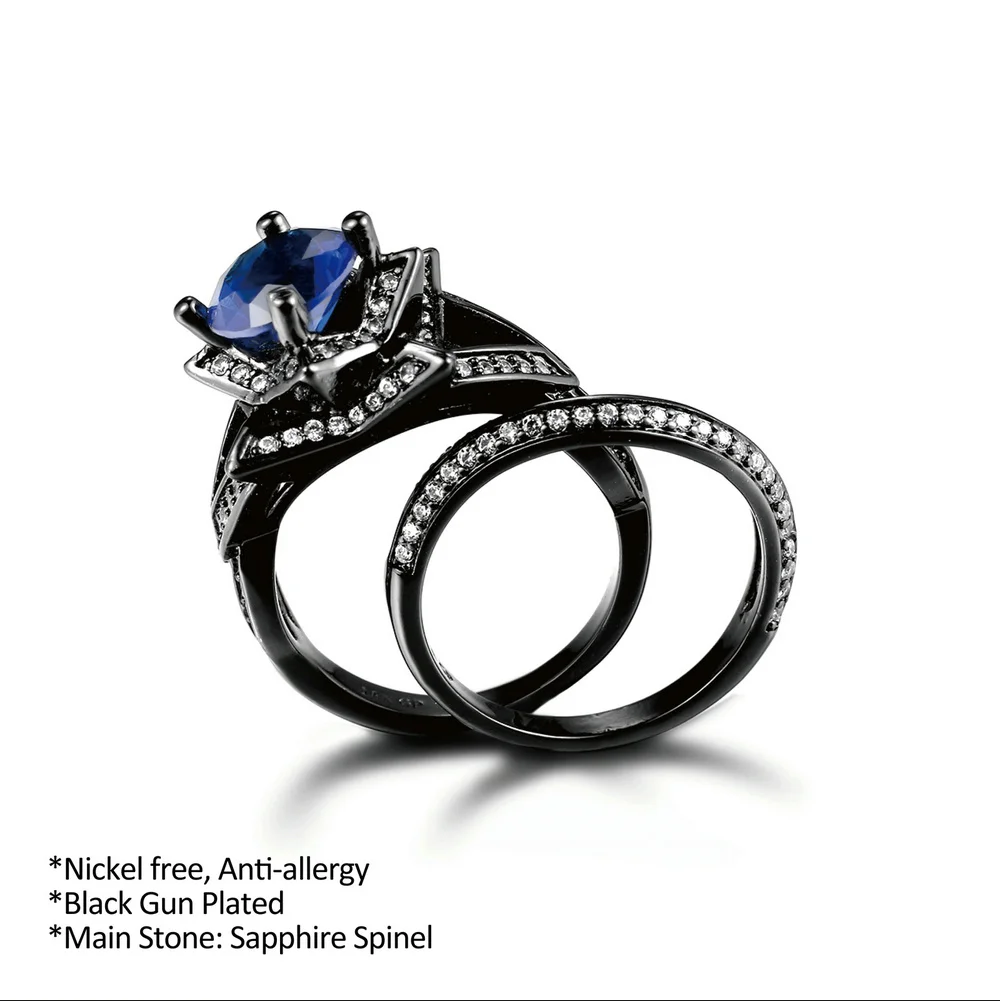 Double Fair Brand Cubic Zirconia Blue Crystal Rings Sets Black Gold Color Engagement Party Ring Sets Women Jewelry Gift DFR703
