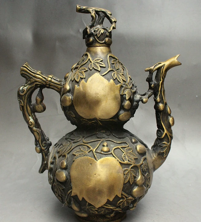 

11" Old China Royal Bronze Auspicious Wealth Gourd Shaped Teapot Wine Pot Flagon