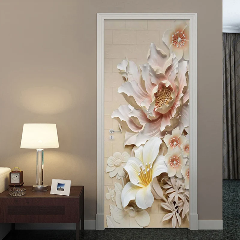 Diy Door Decal Home Decoration 3D Print Embossed Flower Picture Self Adhesive Paper Waterproof European Style Art Poster Sticker