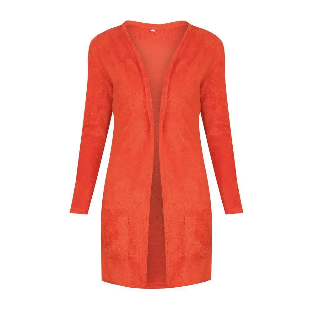 Casual Plush Coat Women 2018 Autumn Winter Warm Soft Long Jacket Female Plush Overcoat All Match Outerwear With Pocket Orange