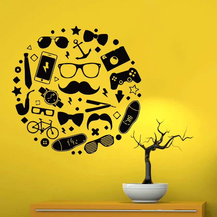 2435 Chambre Vinyl Sticker Vie De Homme Accessoires Lunettes Téléphone Jeu à Distance Salon De Coiffure Art Wall Sticker Boutique Garçons Chambre