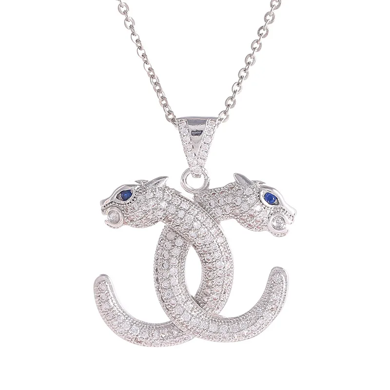

Women Men Valentine's Day Gift Simple Design Micro Pave Full Cubic Zircon Double Leopard Dragon Tiger Head Chocker Necklaces