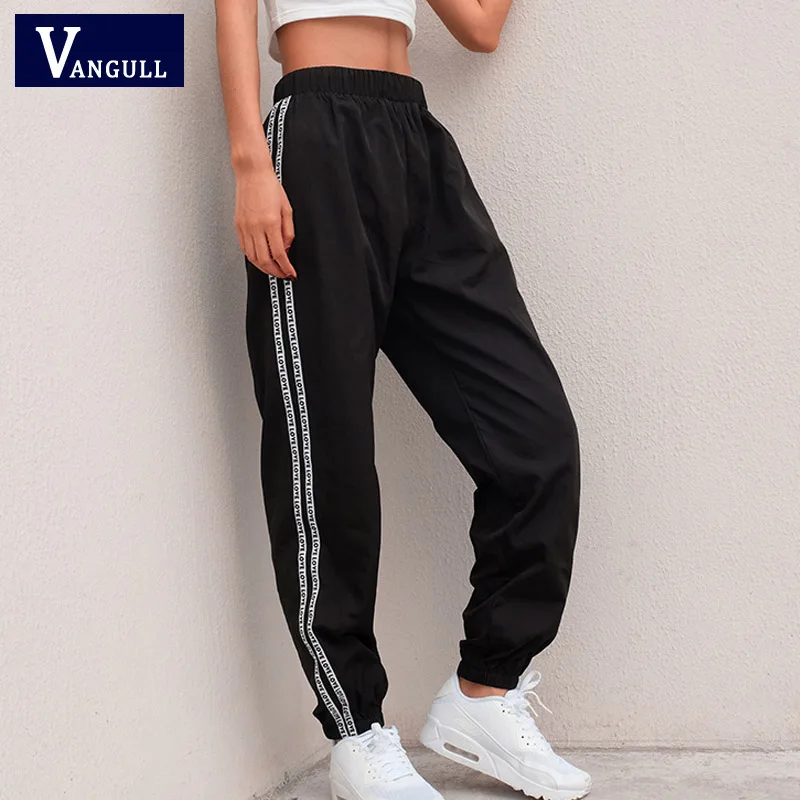 

Vangull 2019 Spring Summer Casual Women Side Stripe Letter Sweatpants Stretch High Waist Street wear Cargo Jogger Harem Pants