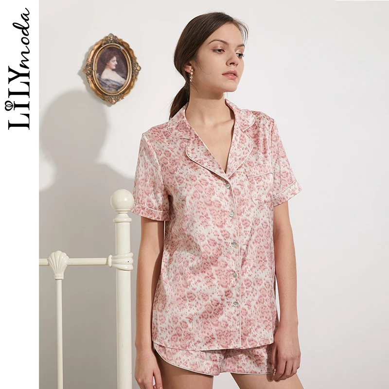 

Women Sleepwear Sexy Pink Leopard Satin Pajama Set Elegant Spaghetti Strap Clothes Summer Sleepwear Top + Shorts Pajamas Set
