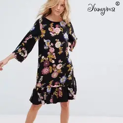 Женское платье Повседневное прямой печати длинный рукав Vestido до колена Длина зубчатый весенние платья