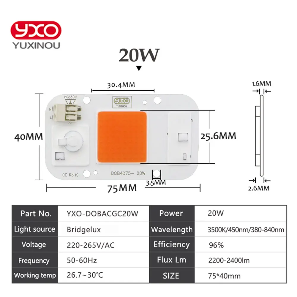 1 шт. Hydroponice AC 220 В 20 Вт 30 Вт 50 Вт затемнения dob светодиодный чип для выращивания растений полный спектр 380nm-840nm для комнатных растений и рассада