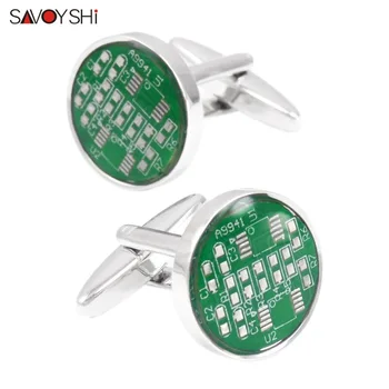 

SAVOYSHI Novelty Mens Shirt Cufflinks Brand Cuff buttons High quality Round Blue Circuit Board Cuff links special gift Free engraving name
