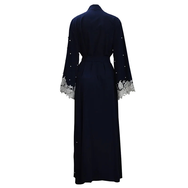 Дубай Абая, для мусульман Для женщин кружевное кимоно открытый кардиган украшенный бисером жемчуг кафтан платье хиджаб синий плюс Размеры халат турецкого исламского Костюмы