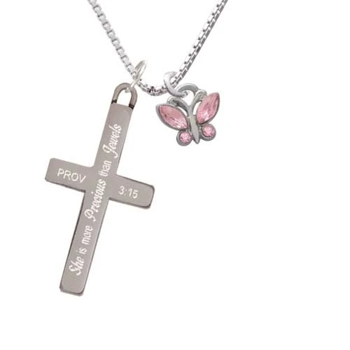 Mini Butterfly with Pink Wings & Crystals - She is More Precious - Cross Necklace (1)