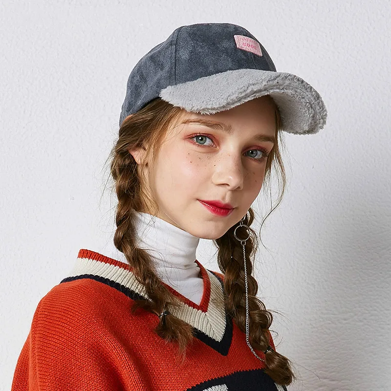 JKP New Baseball hat female autumn and winter patchwork plush hat outdoor street thickening