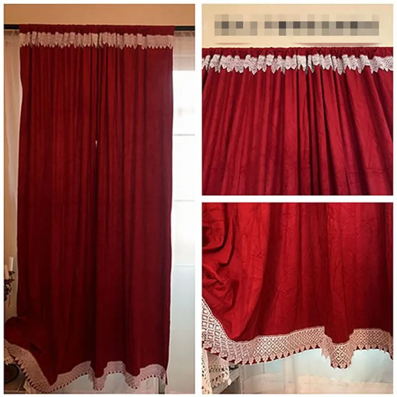 European Style Retro Suede Fabric Rod Pocket Bed Room Curtain Lace