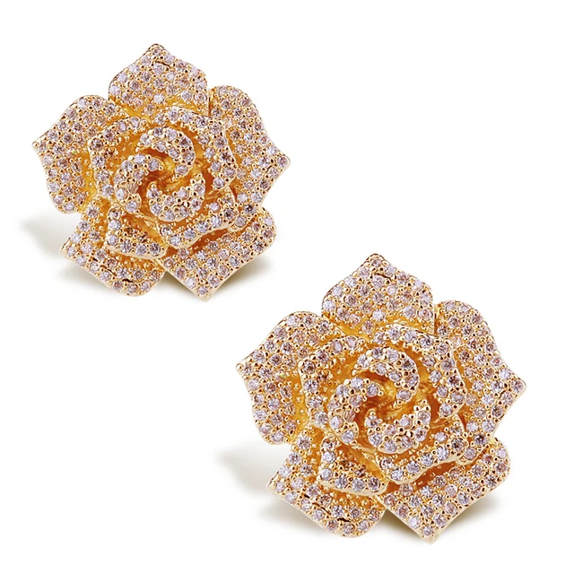 Cz Cubic Zirconia Earrings Rose Relief Real Flower Design Cz Cubic Zirconia Earrings Rose Relief Real Flower Design Wedding Party Gold Pave Setting