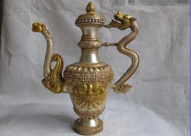 

Collectible bronze lion statue S0101 Chinese White Copper Bronze Silver Gilt Royal Palace Dragon Head Flagon Wine Pot