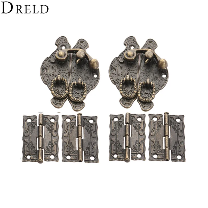 DRELD 4 قطع خزانة أثاث مفصلات + 2 قطع العتيقة برونزية مجوهرات خشبي مربع تبديل غلق بمشبك مزلاج المشبك خمر إكسسوارات الأجزاء الداخلية للكمبيوتر