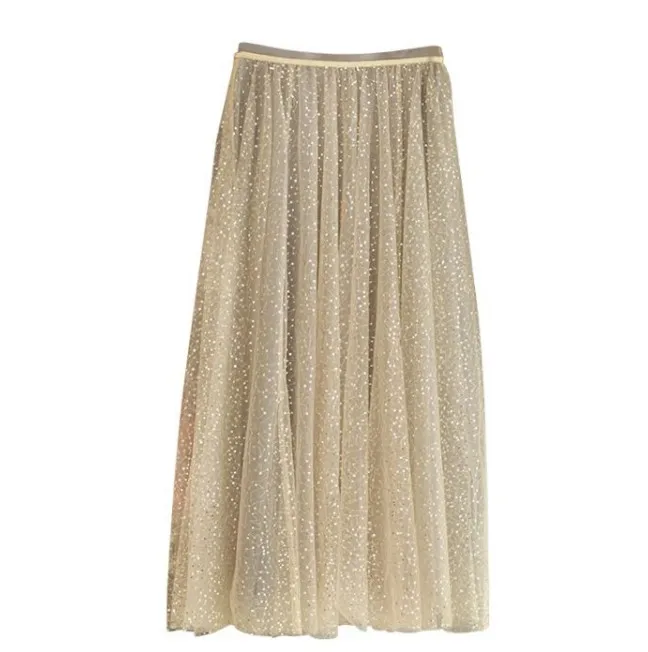 Dreamy New Spring and Summer Beautiful Embroidered Bright Stars Sequins Long Gauze Skirt Women's Shiny A-lien Skirts