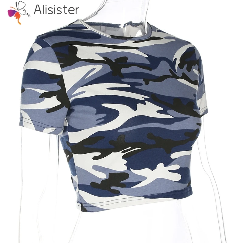 Camo Print Crop Tee летние женские хлопковые топы уличная мода Камуфляжный армейский зеленый Повседневный короткий топ Базовая футболка