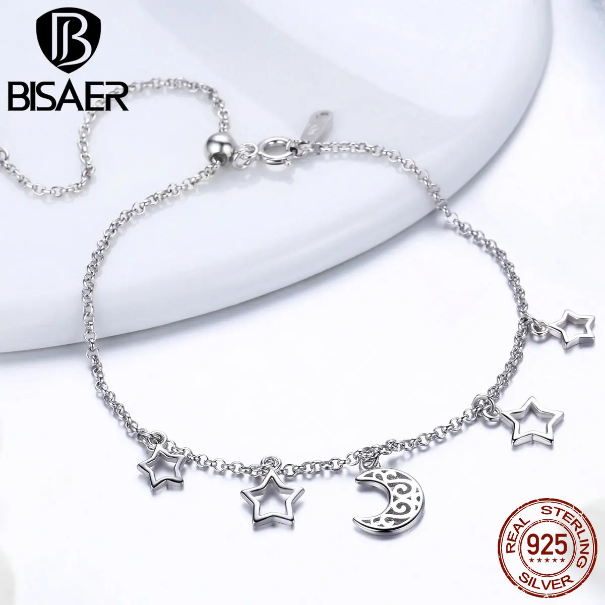 BISAER 925 пробы серебряная луна и звезды серебряные браслеты для запястий Луна цепочка со звездами Браслеты Стерлинговое Серебряные ювелирные изделия ECB107