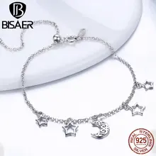 BISAER 925 пробы серебряная луна и звезды серебряные браслеты для запястий Луна цепочка со звездами Браслеты Стерлинговое Серебряные ювелирные изделия ECB107