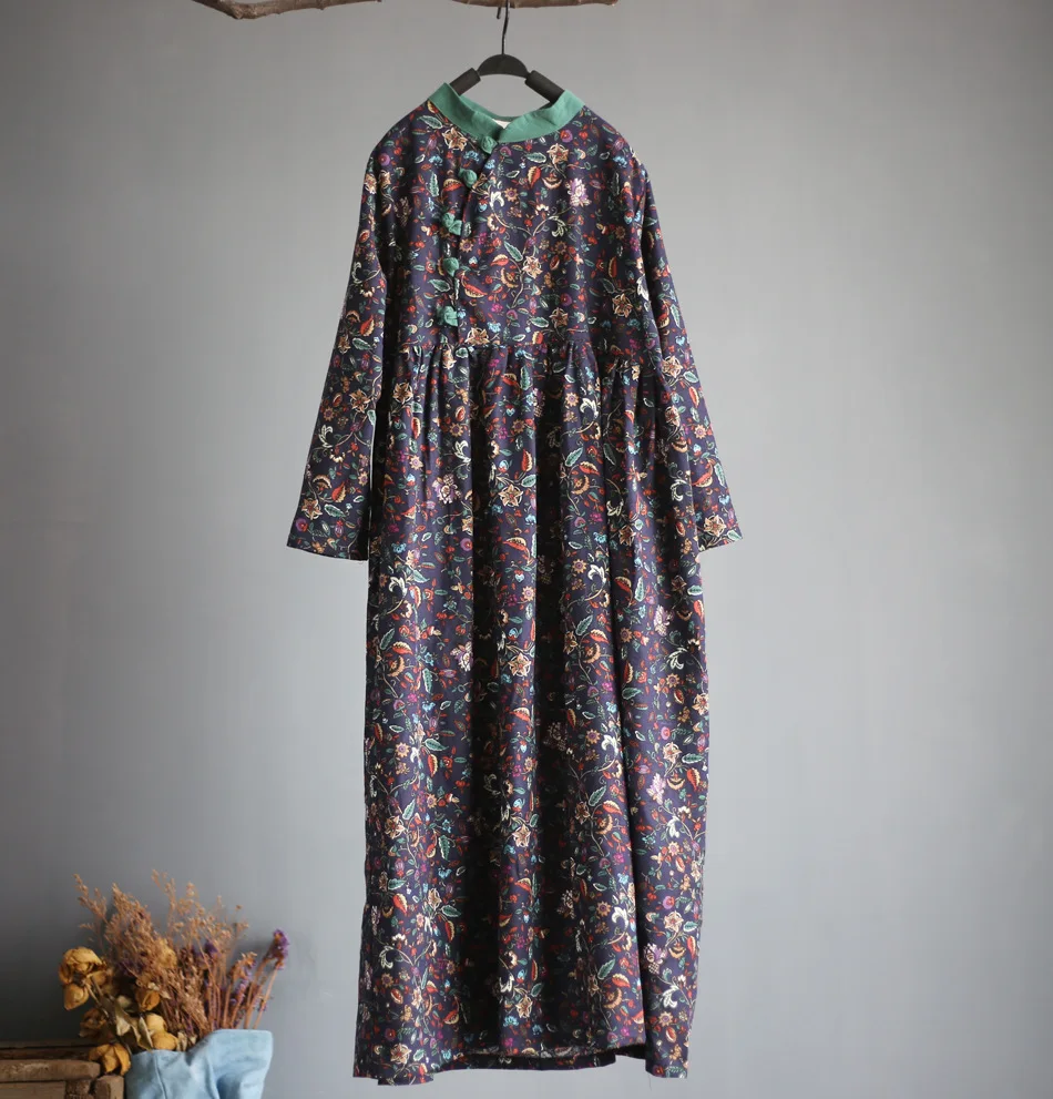 

Chinese style vintage long dress flower print robe female long-sleeve dresses stand collar spring autumn one piece dress