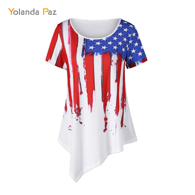 

Yolanda Paz 2017 summer Casual Long T Shirt Women white Irregular Hem American Flag Print woman tops tees Plus Size T-Shirt