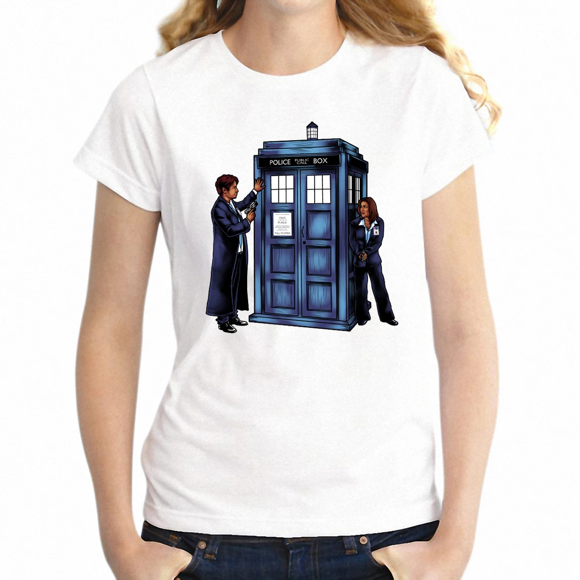 

Women's T-shirt Scully and Mulder Investigate The Tardis X Files Doctor Who Crossover Girl's tshirt Harajuku hip hop tees tops