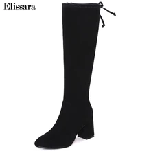 Elissara/женская зимняя теплая обувь; женские сапоги до колена на высоком каблуке; модные сапоги до бедра на молнии с острым носком; большие размеры 34-42