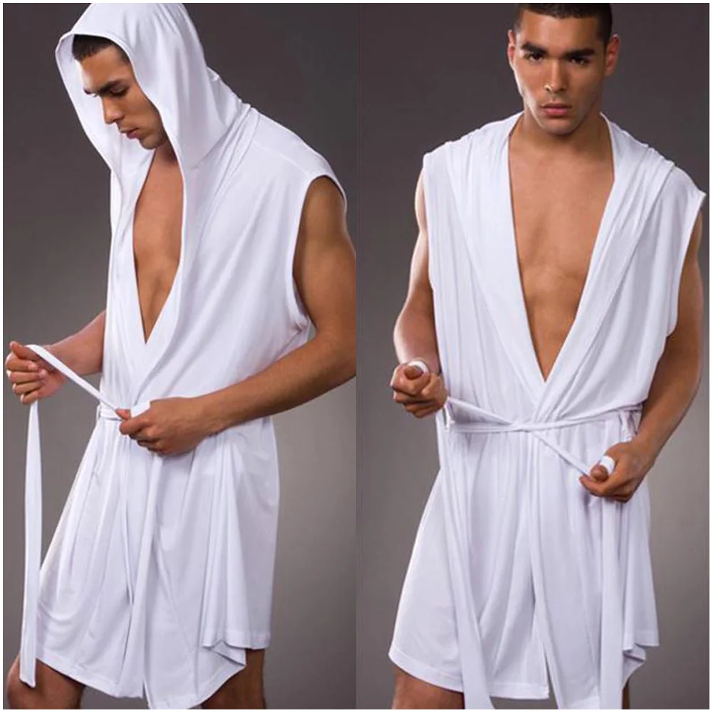 

YJSFG HOUSE Sexy New Men Robe Sets Summer Men's Sleep Lounge Belt Ice Silk Robe Gown Bathrobe Nightgown Sleeveless Hooded Robes