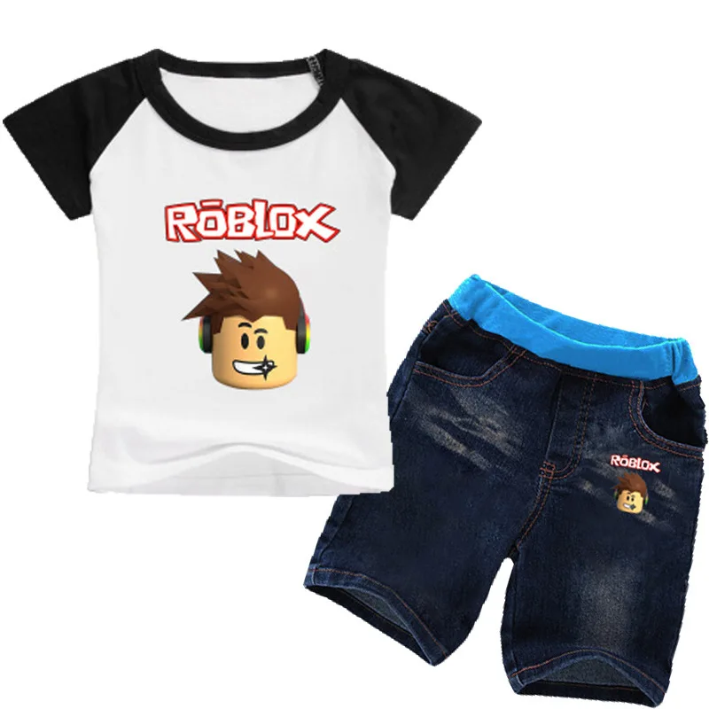 

3-14T Game Roblox Printed Children Clothes Summer Cartoon T-shirts Tees + Jeans Shorts 2pcs Sets Tracksuit Boy Girls Clothing