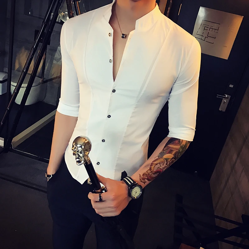 

2018 summer new shirt men's Korean England Slim seven-point sleeve shirt collar collar hair stylist nightclub shirt