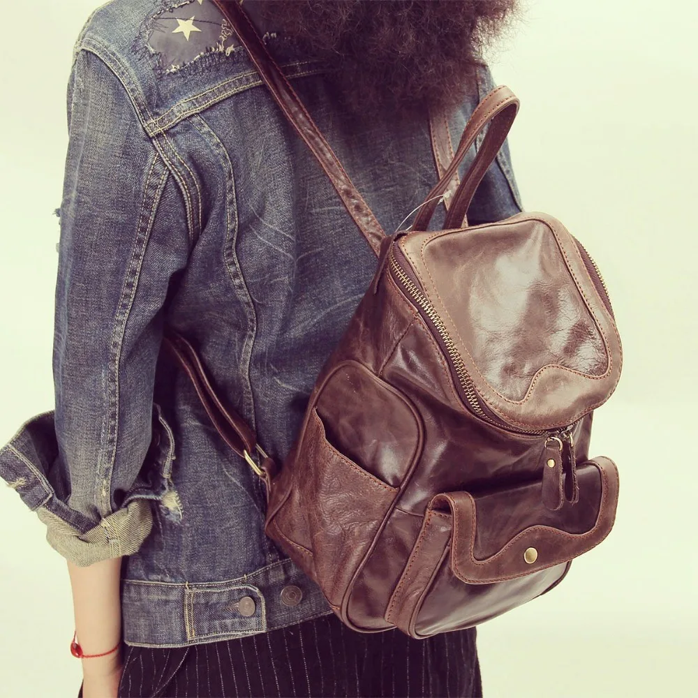 

AETOO Original Leather backpack women Retro Handmade oil wax Shoulder bag Headband Vegetable Tanned Leather Backpack travel bag