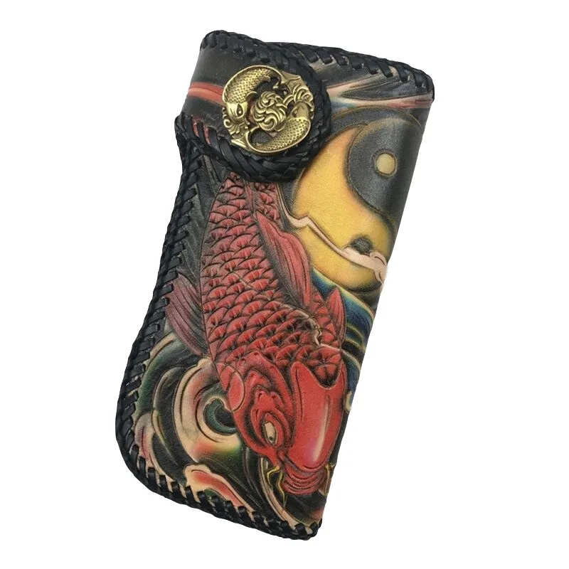 

High-valued 100% Hand Engraved Italian Cow Leather Double Carp Fish Handwork Eight Diagrams Designer Men's Long Wallet Purse