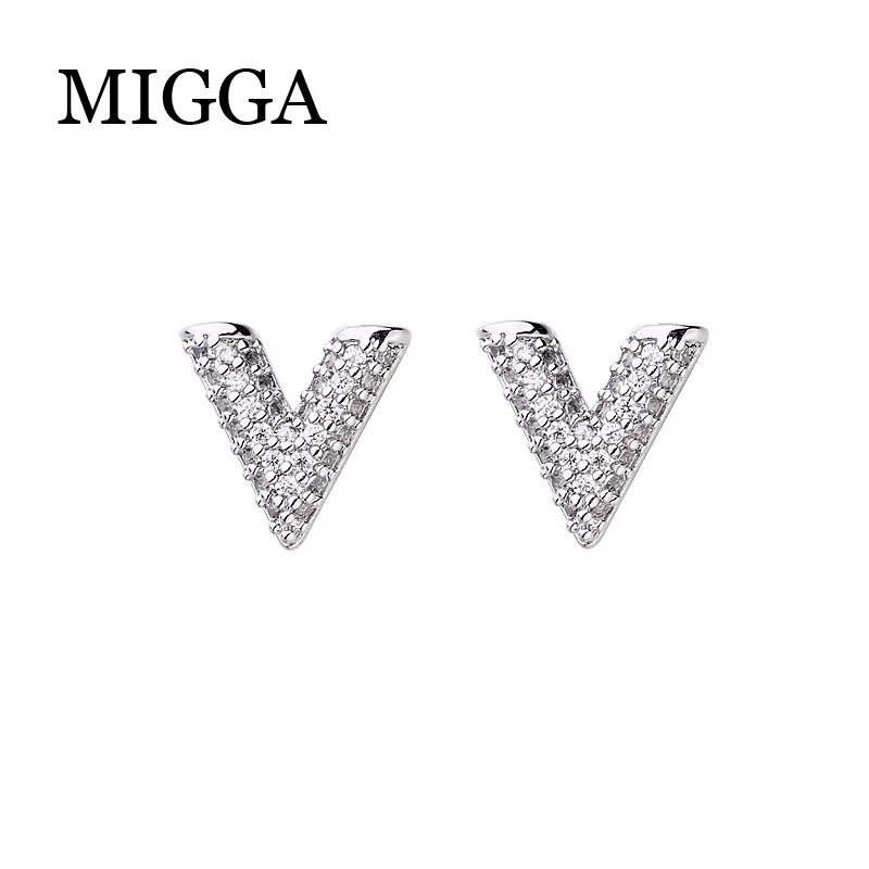 

MIGGA Micro Paved Cubic Zirconia Letter V Shaped Stud Earrings for Women Girls High Quality Crystals Brincos
