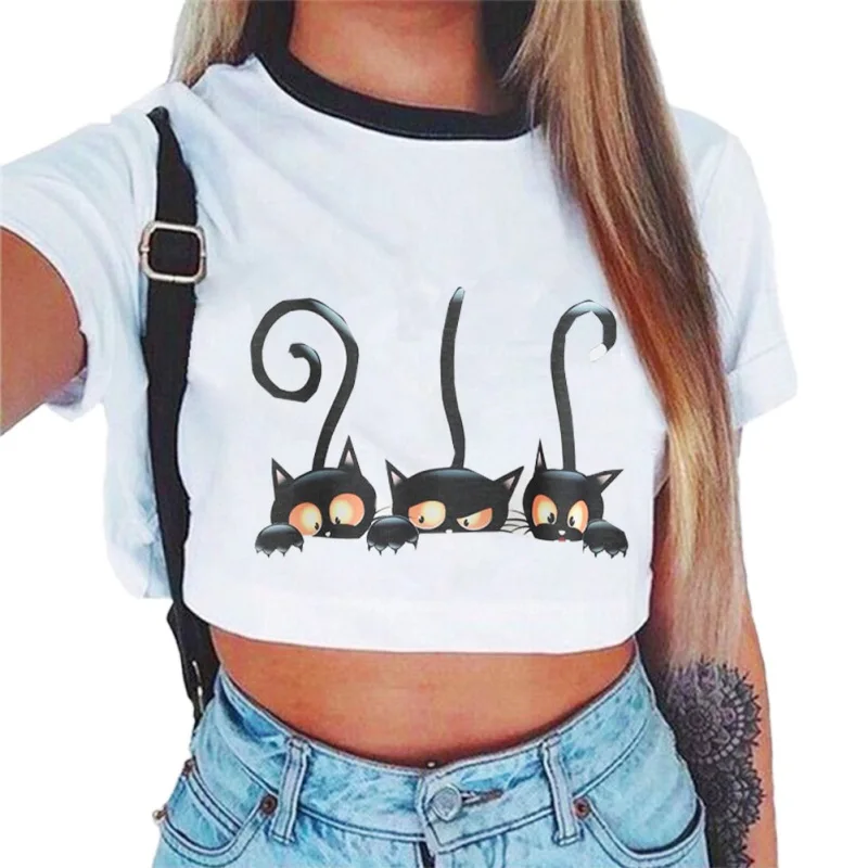 Cute Cat Print T shirt Casual Short Female T shirt Summer T shirt