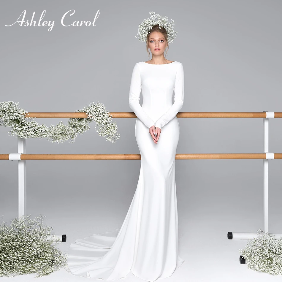 

Ashley Carol Scoop Satin Sexy Backless Mermaid Wedding Dress 2019 New Vintage Long Sleeve Simple Wedding Gowns Vestido De Novia
