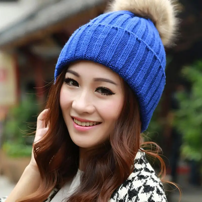 Модные женские зимние меховые теплые шапки вязаные шерстяные шапки Лидер продаж Dec 14 - Цвет: Синий