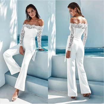 

Newest Sexy Off Shoulder Jumpsuits Elegant Women Lace Rompers One Piece For Female Overalls Solid Sashes Casual Romper Femme