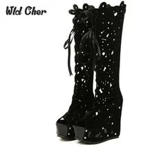Charme Romain À Bout Ouvert Creux D’été Bottes Cales à talons hauts Plate-Forme Bottes Gladiateur Sandales Femmes Genou Haute 2017