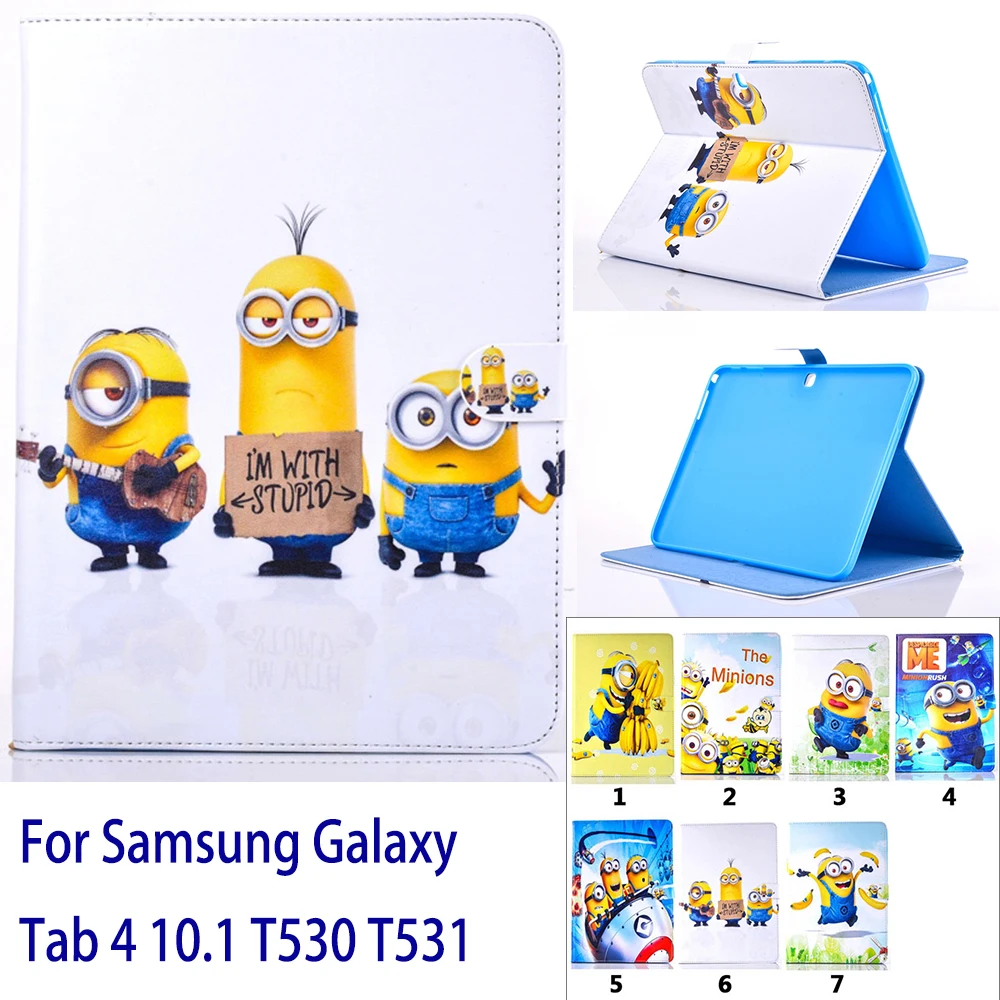 

Case For Samsung Galaxy Tab 4 10.1 T530 T531 Cartoon Lovely 7 Kinds Minions Patterns Tablet Case Cover Stand shell coque para