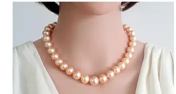 

classic natural south sea 12-13mm gold pink pearl necklace 18inch 925s kkk