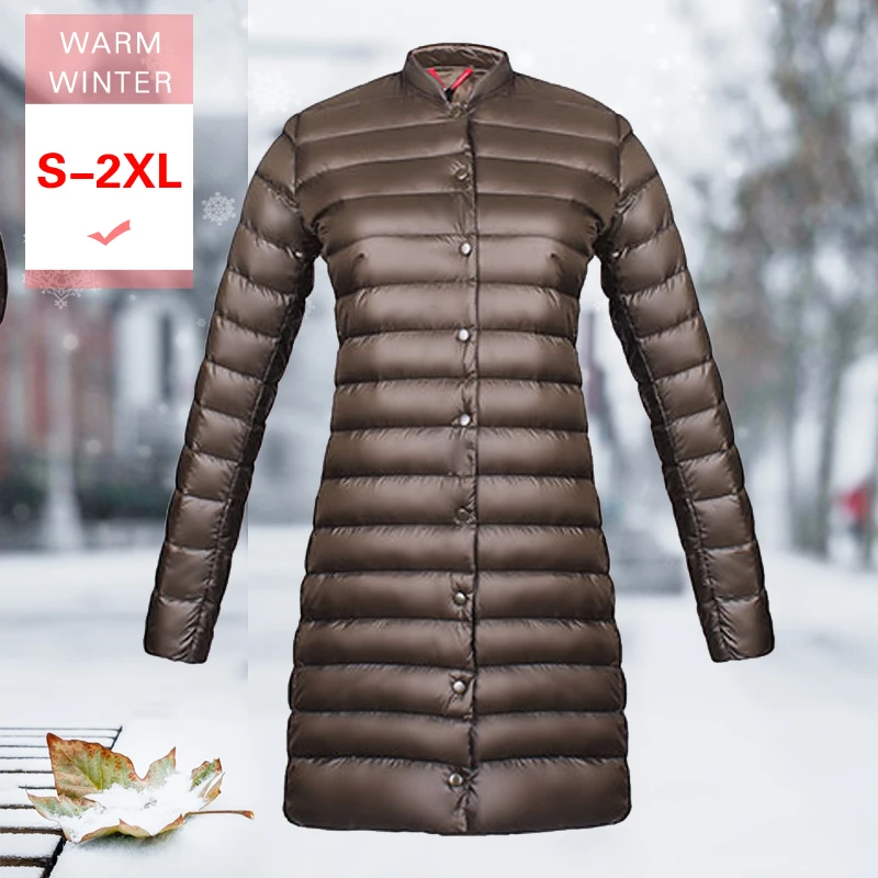 

Women White Duck Down Long Jacket Female Winter Ultra Light Slim Thin Down Coat Covered Button Warm soft Overcoat Stand Collar