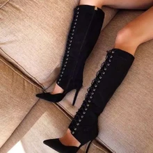 

Sexy Women Boots British Style Bandage Autumn Ladies Pointed Toe Suede Leather High Heels Knee High Boots Female Party EU35-42