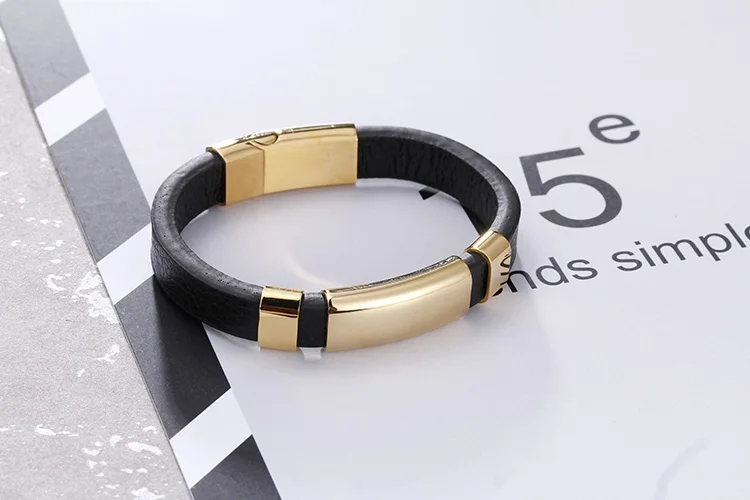 TrustyLan Genuine Black Leather Simple Wrap Men Bracelet Gold Color Steel Wristband Classic Mens Bracelets& Bangles Jewelry