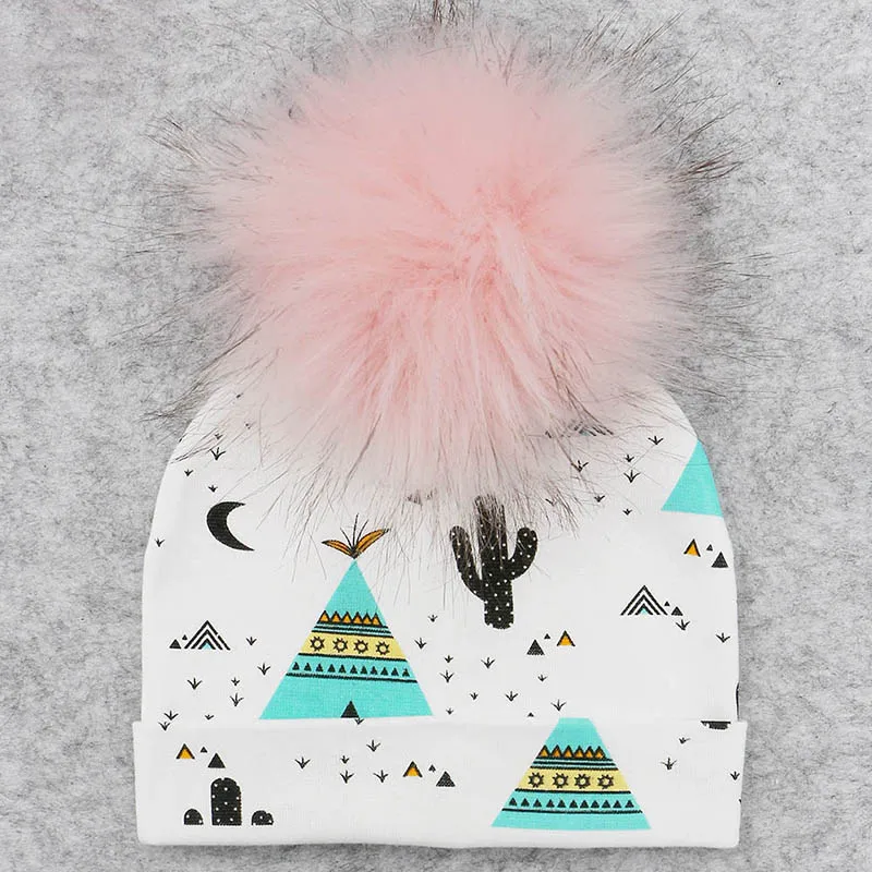Зимняя шапка с помпоном для новорожденных, дышащая цветная шапка с принтом, хлопок, вязаная одежда для новорожденных, реквизит для фотосъемки, детская шапка с рисунком - Цвет: 23