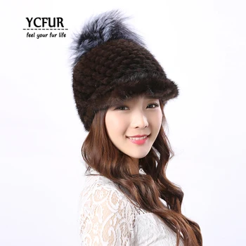 

YCFUR Women's Winter Warm Caps Hats Knit Real Mink Fur Hats with Silver Fox Fur Pompom Hat Beanie Female Cap Winter
