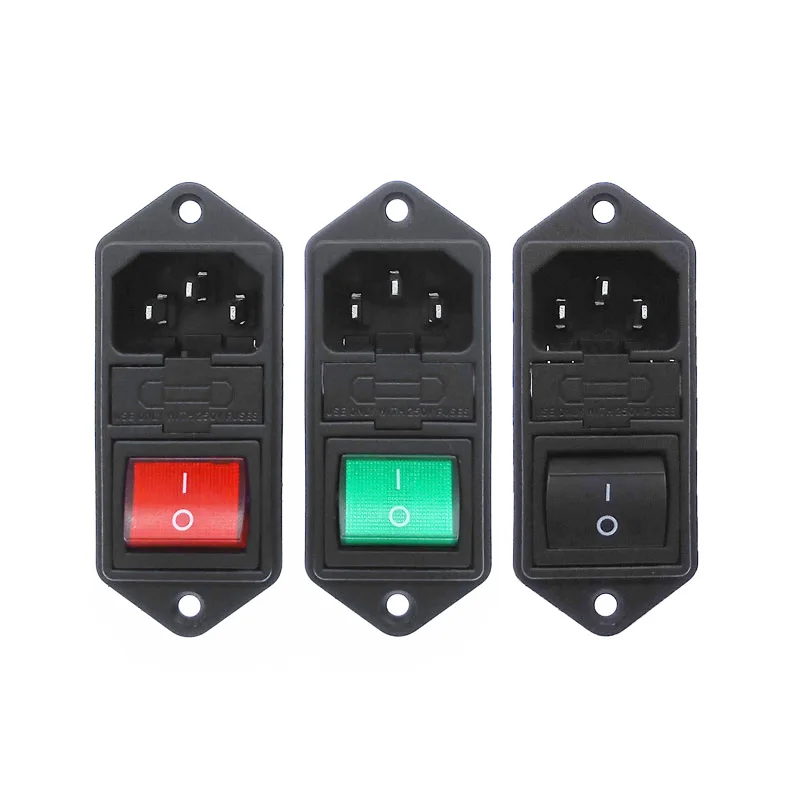 

Rocker Switch with double fuse AC socket full copper Red Light 10A 250V 4 Pins Green Black
