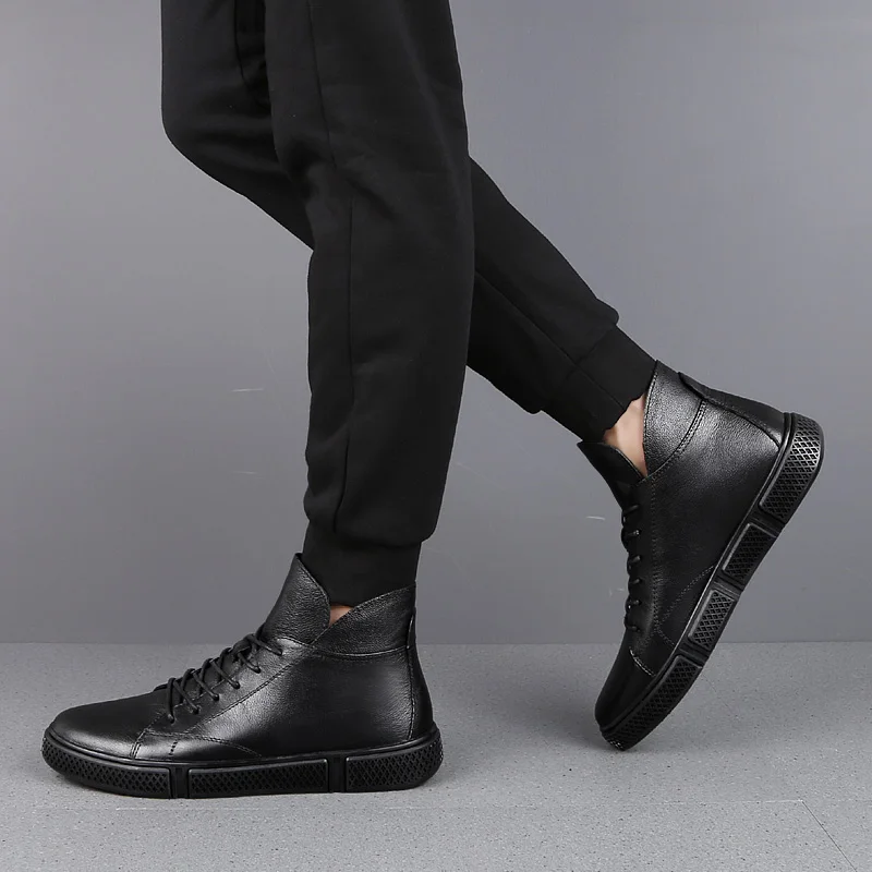 High-Top Men's Casual Shoes Genuine Leather Loafers Business Daily Leisure Soft High Elastic Bottom Footwear Winter Velvet Warm