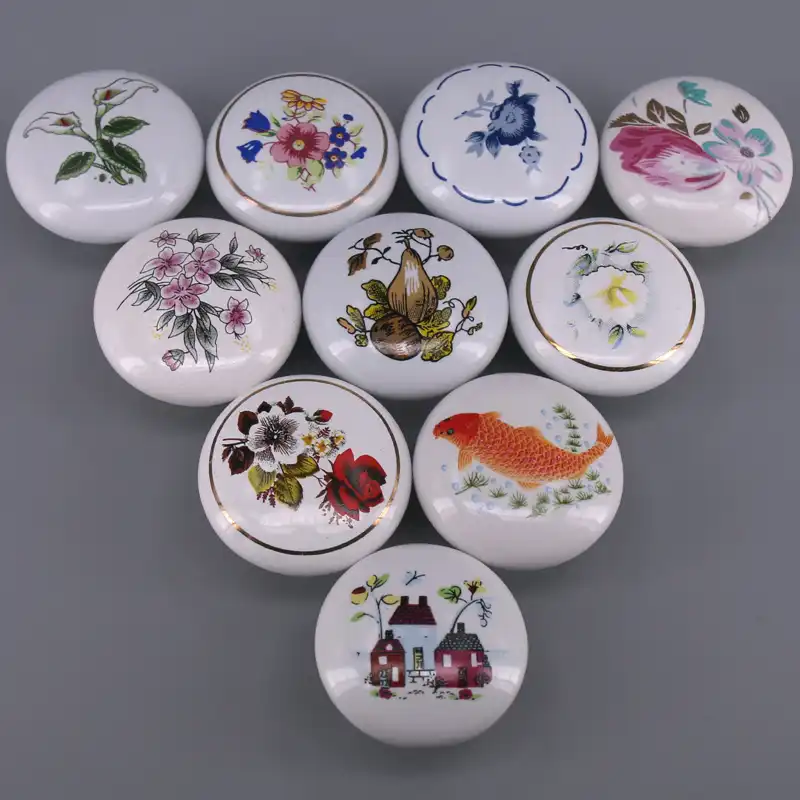 1x Flower Fish Castle Print White Porcelain Knobs For Cabinets